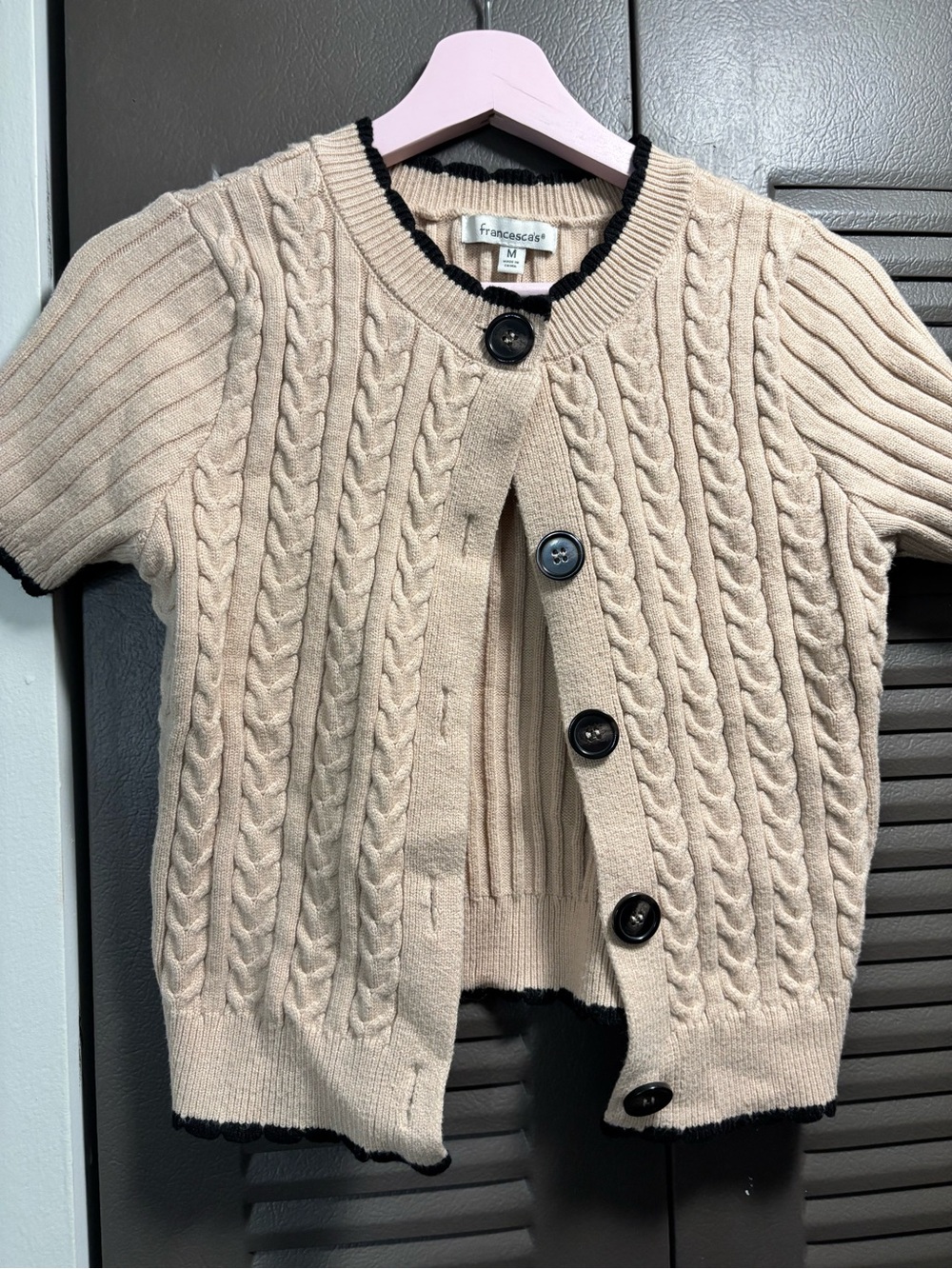 Francesca's Beige Cable Knit Cardigan with Black Trim and Buttons